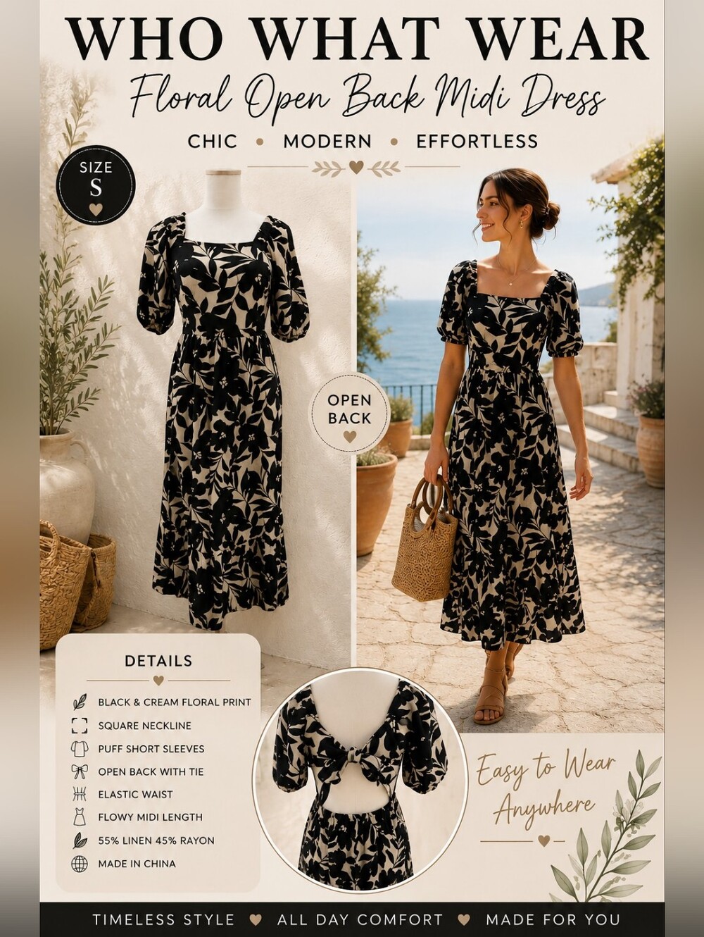 Who What Wear Floral Puff Sleeve Tie Back Midi Dress S